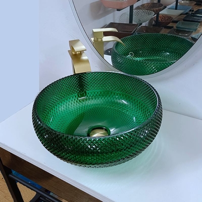 อ่างล้างหน้าแก้วสีเขียว Vanity Diamond Modern Round Bathroom