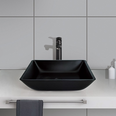 ห้องน้ำ Matt Black Basin Square Vessel Sink 400mm Tempered Glass
