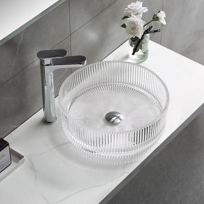 อ่างล้างหน้าแก้วใสแบบโมเดิร์นลายเส้นแนวตั้ง Diecasting Bathroom Sinks Sinks
