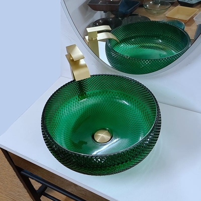 อ่างล้างหน้าแก้วสีเขียว Vanity Diamond Modern Round Bathroom