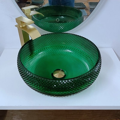 อ่างล้างหน้าแก้วสีเขียว Vanity Diamond Modern Round Bathroom