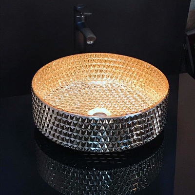 อ่างล้างหน้ากลม อ่างล้างหน้า Chromed Gold Diamond Shape Crystal Glass