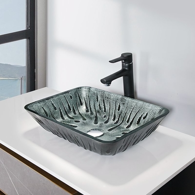 อ่างล้างเรือสี่เหลี่ยมสีเทา Hot Melt Hand Drawing กระจกนิรภัย Vanity Sink