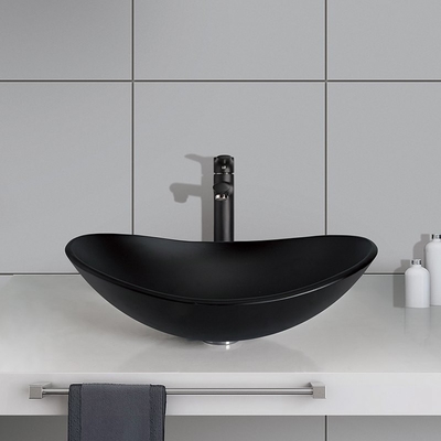Ingot Shape Acid Matt Black Vanity Basin ห้องน้ำ 540mm ความยาวกระจกนิรภัย Easy Clean