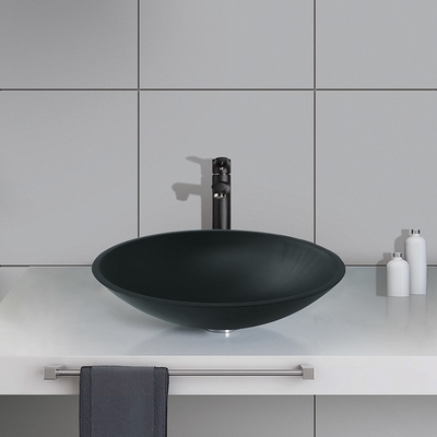 อ่างล้างจานทรงกลมสีดำรูปไข่กระจกนิรภัยสีกรด Matt Countertop