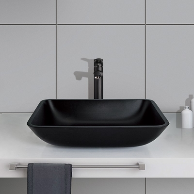Frosted Crystal Stone อ่างล้างหน้าในห้องน้ำสี่เหลี่ยมสีดำ Matte Vessel Sink