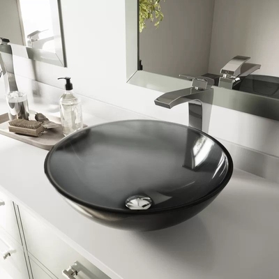 อ่างล้างหน้าแบบวงกลม อ่างล้างหน้าแบบแฮนด์เมด กระจกนิรภัย สีเทา Vessel Bathroom Sink