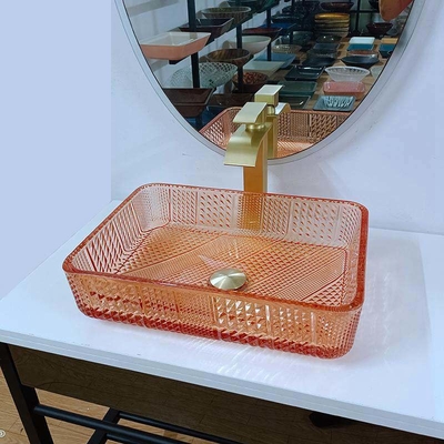 อ่างล้างหน้าคริสตัล Vanity ท็อปกระจก สี่เหลี่ยม สีส้ม L445 * W330 * H105mm หนา 12 มม.
