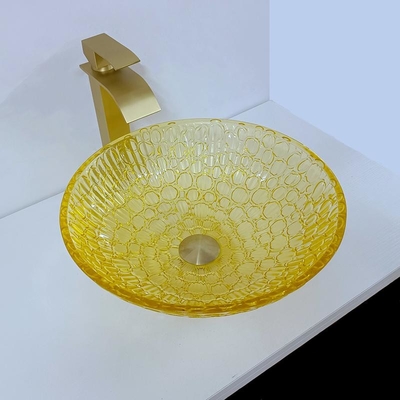 อ่างล้างหน้าคริสตัลเคลือบแล็กเกอร์ทรงกลม Low Profile Glass 12mm Modern Gold Yellow