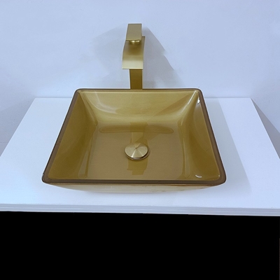 400m Washroom Basin Sink Square Vessel Smooth Brushed Gold Tempered Glass