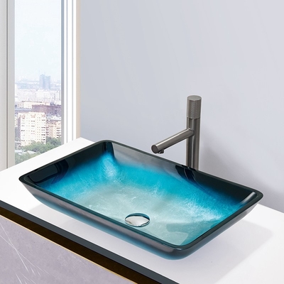 Gradient Blue Temper Bath Wash Basins Glass Bowl Rectangular Table Top Solid