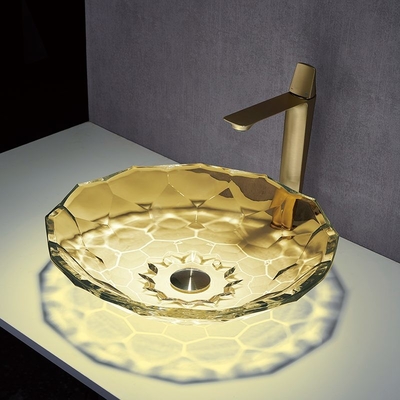 OEM Ball Shape อ่างล้างหน้าแก้ว Crystal Vessel Sinks เคาน์เตอร์สีเหลือง