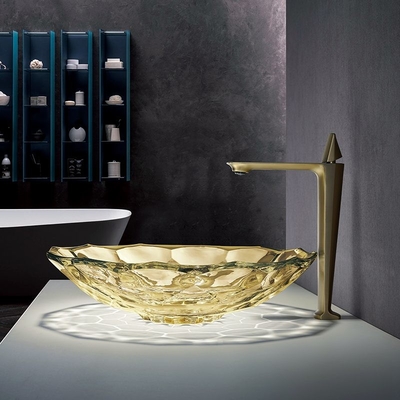 OEM Ball Shape อ่างล้างหน้าแก้ว Crystal Vessel Sinks เคาน์เตอร์สีเหลือง