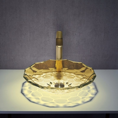OEM Ball Shape อ่างล้างหน้าแก้ว Crystal Vessel Sinks เคาน์เตอร์สีเหลือง