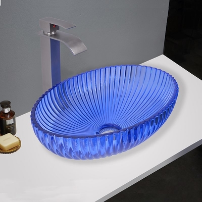 อ่างล้างหน้าทรงเรือแก้วสุดหรู No Overflow No Hole Faucet Mounting Countertop Mounted Wash Basins